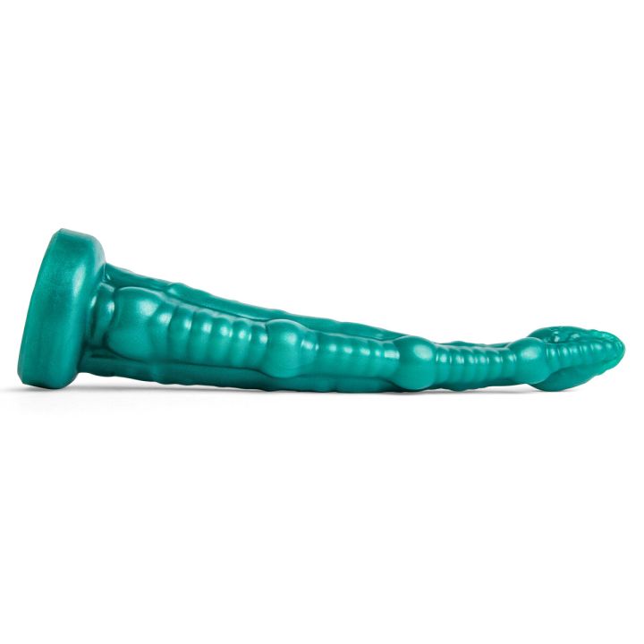 Sigmaloid fantasy dildo laying flat to present its overall shape, slim girth, and ergonomic curvature.