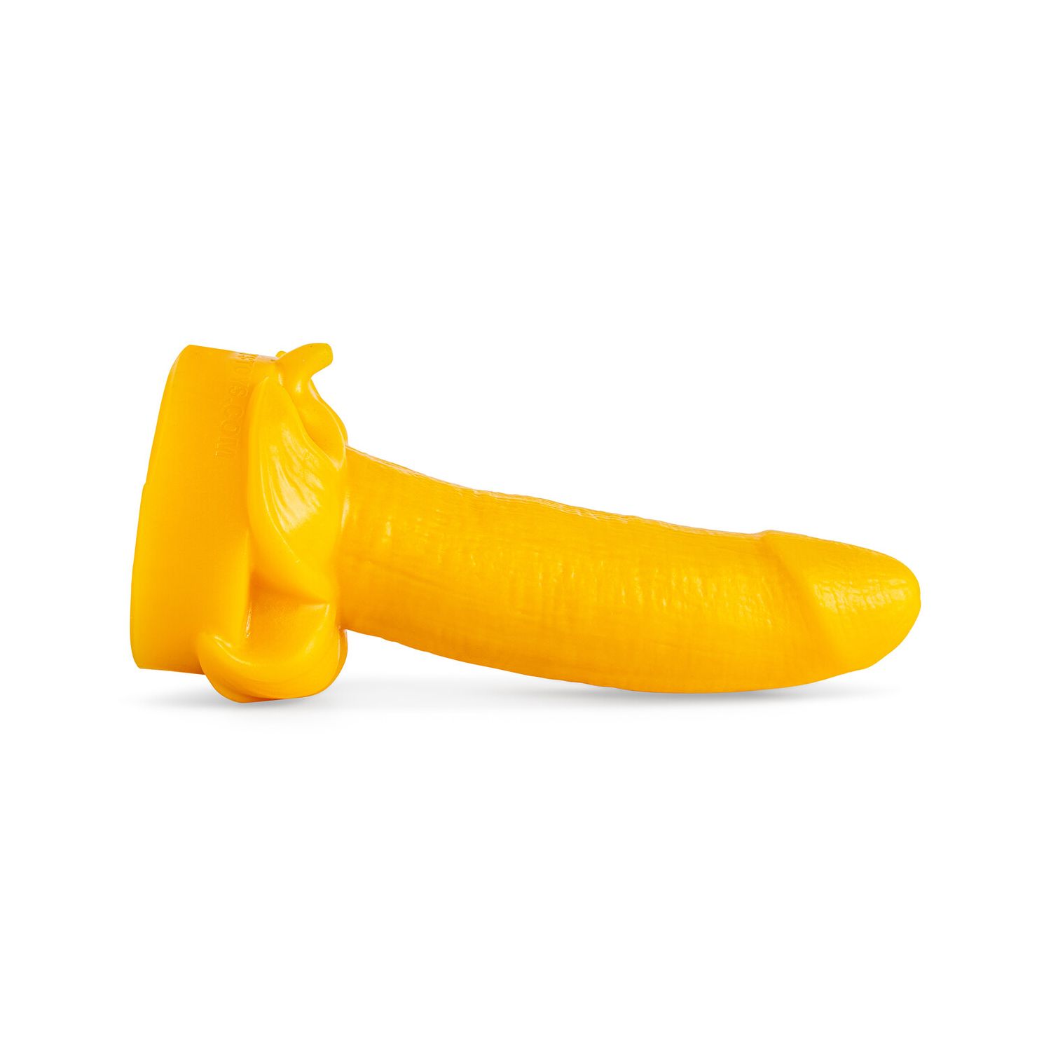 Side view of realistic Golden Yellow Banana Dildo laying horizontally, with detailed peeled base and textured shaft, fantasy sex toy design