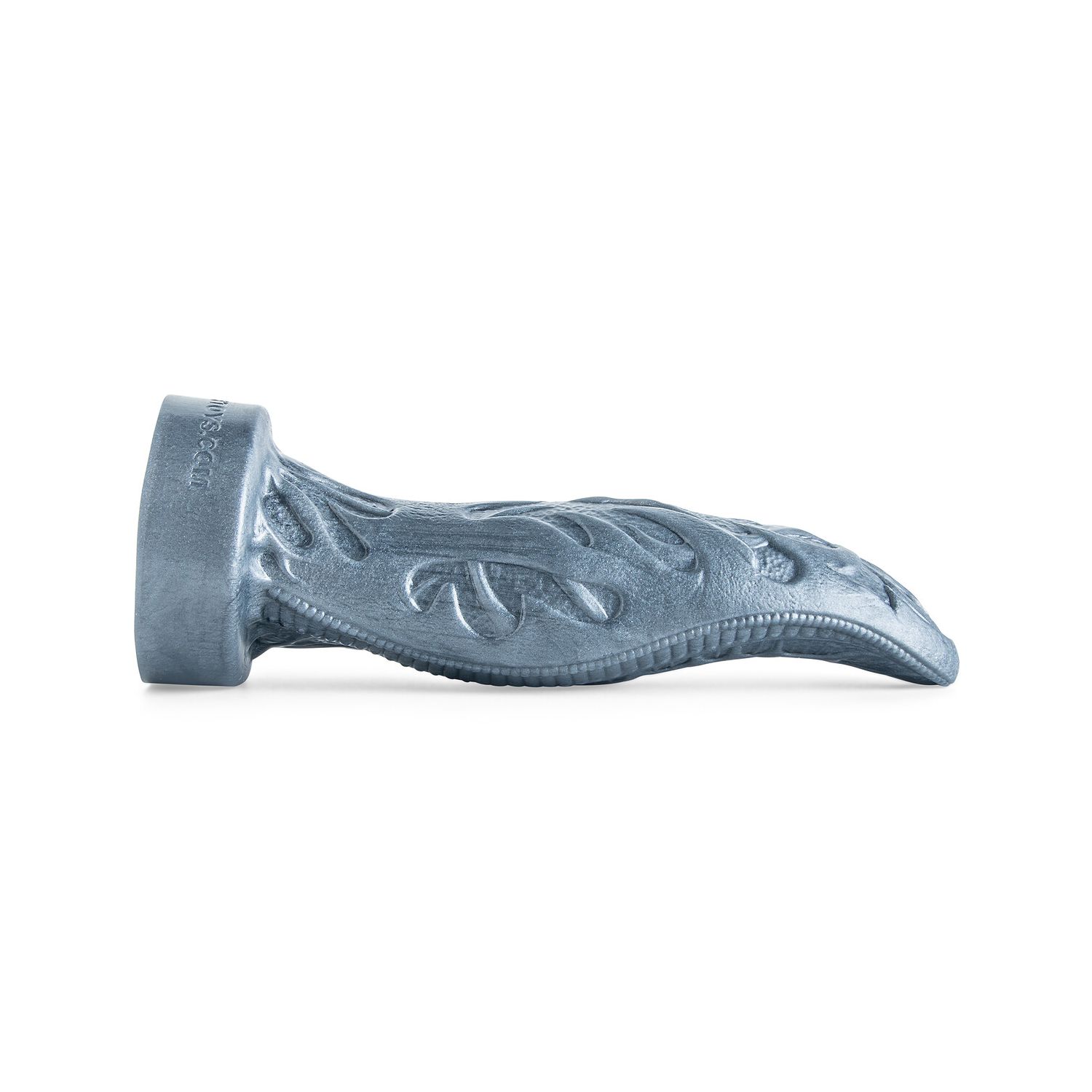 Cyberpunk dildo in Gunmetal Gray laying flat, showcasing sleek curved shape, cybernetic detailing, and sculpted futuristic design.