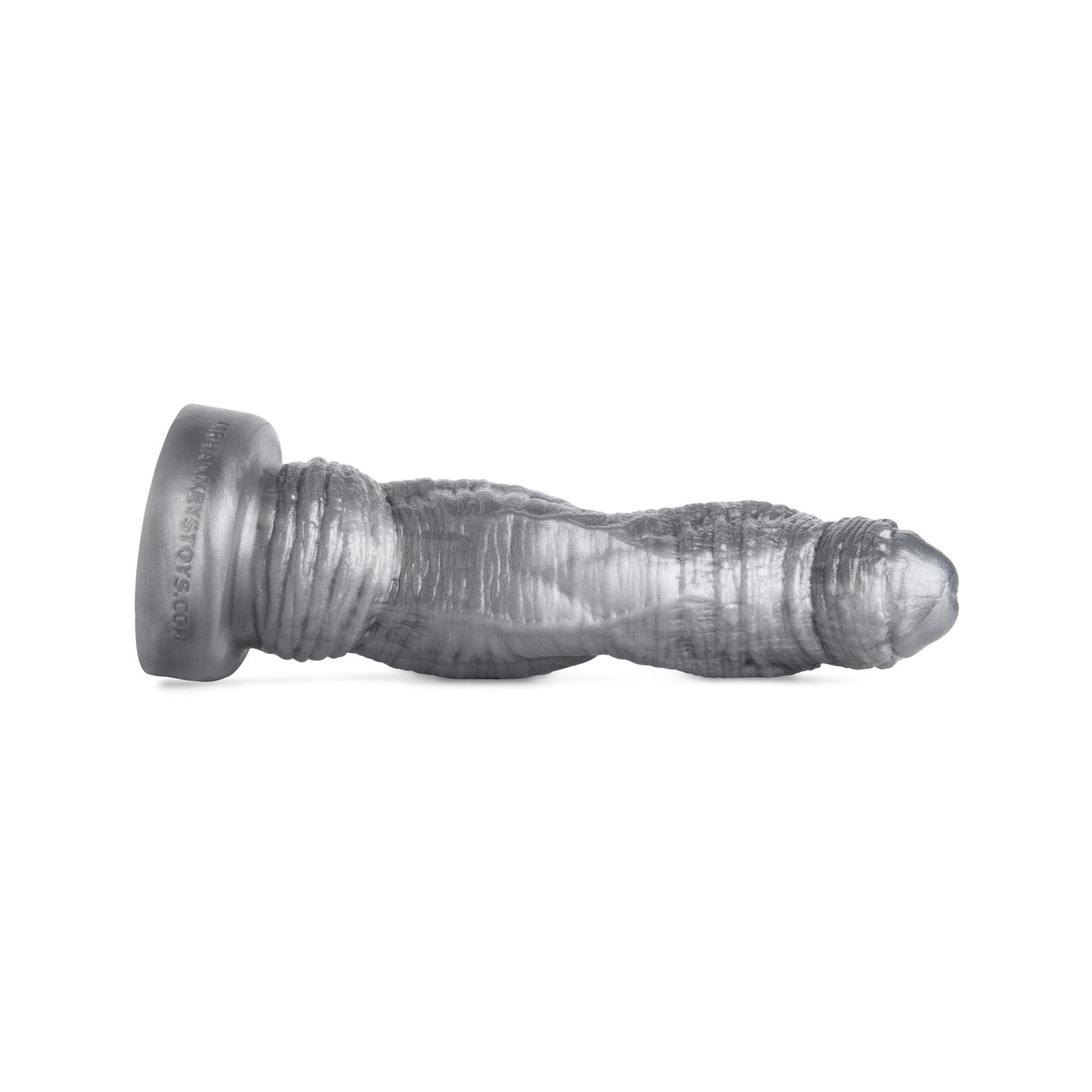 Horny Rhino fantasy dildo by Mr. Hankey’s Toys laying flat, front view showing primal head, sculpted ridges, and hand-poured silicone finish.