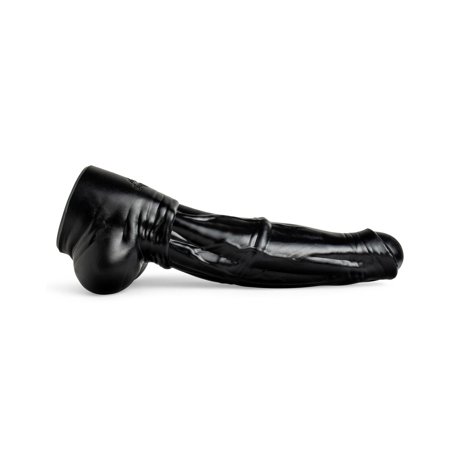 Horse Dildo II in Black, lying flat, emphasizing its dramatic curve and flared tip for deep, unforgettable penetration.