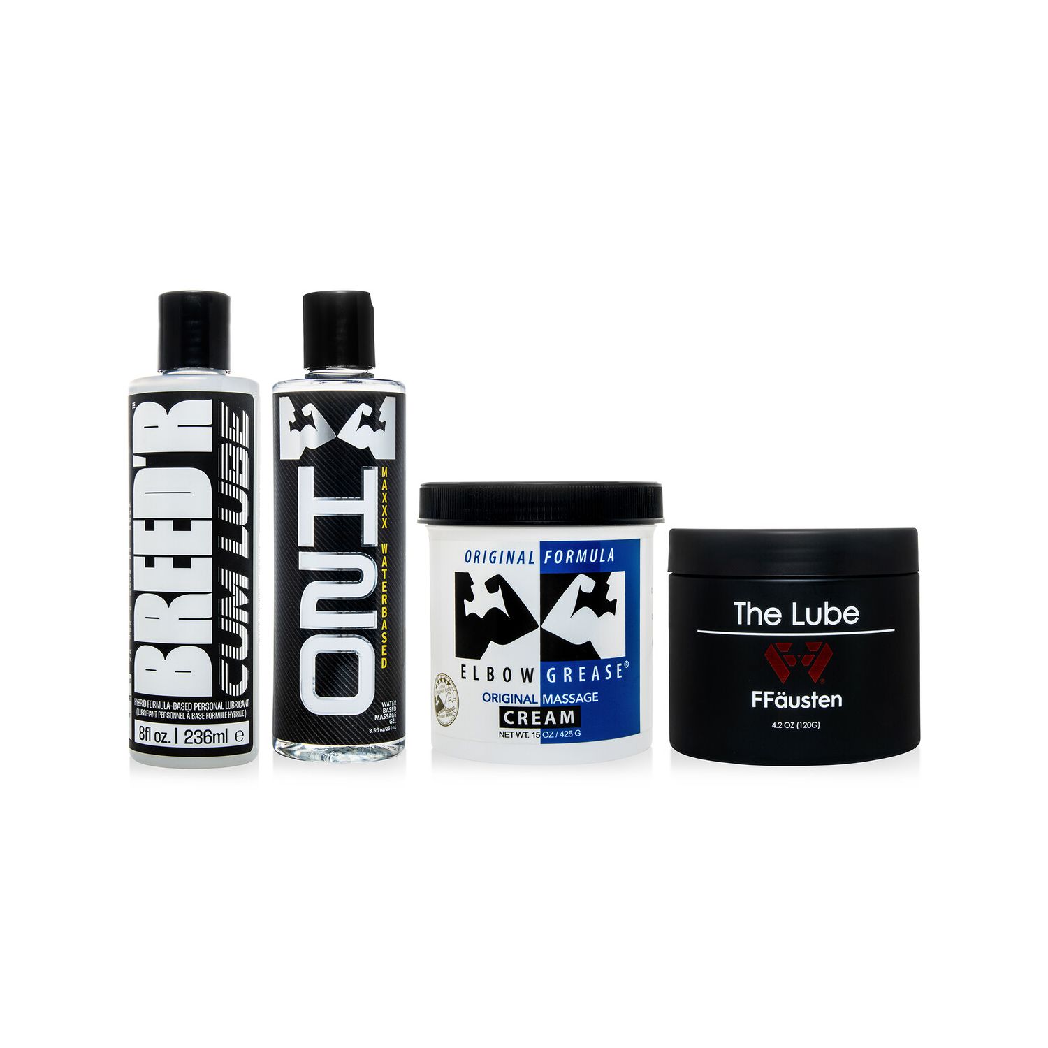 ll four premium lubricants by Mr. Hankey’s Toys displayed side by side—Breed’r Cum Lube, H2O Maxxx, FFausten, and Elbow Grease Original—designed for fisting, deep play, and toy compatibility.