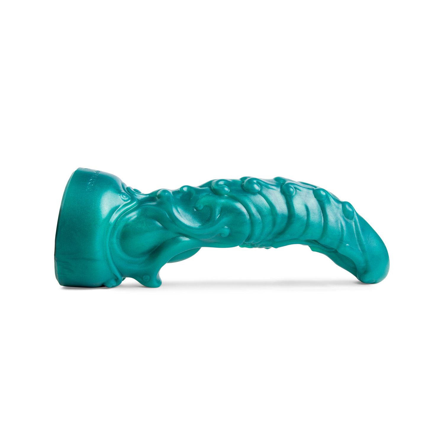 Oni silicone dildo by Mr. Hankey’s Toys laying flat, side profile showcasing bold curves, textured ridges, and veined fantasy-inspired design in Metallic Green