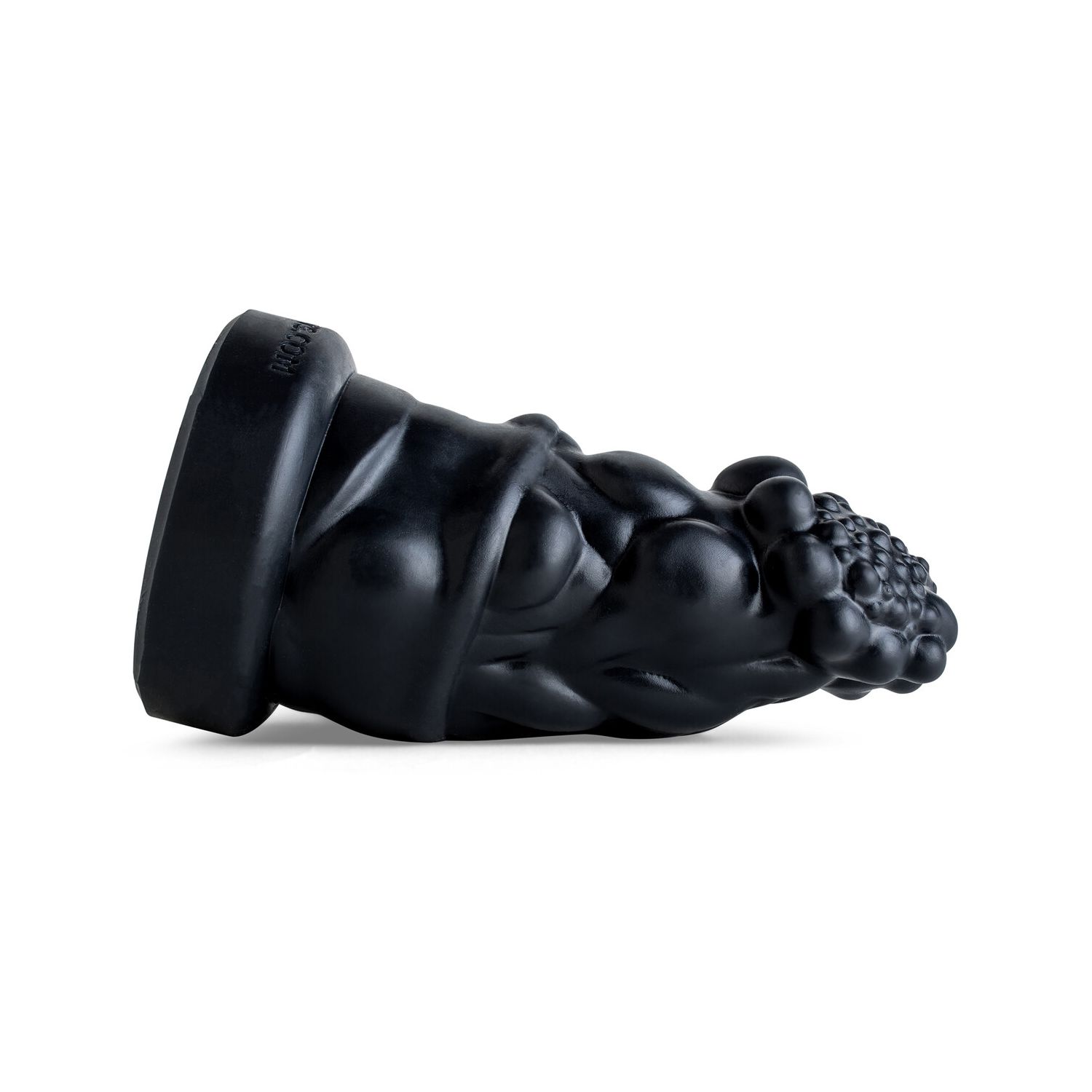 Prince Charming silicone dildo laying on its side, close-up of textured head and bold ridges in Black, designed for deep stretch and sensory stimulation.