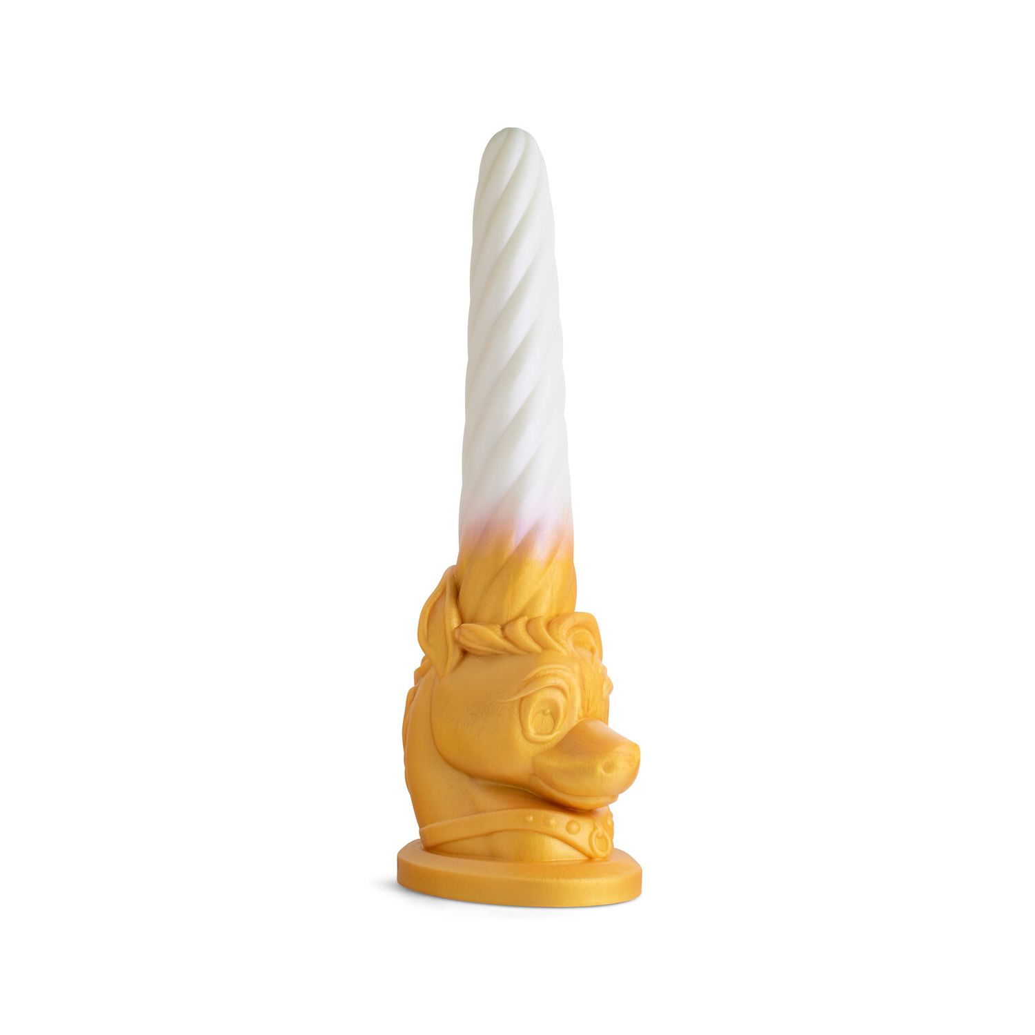 Close-up of the Unicorn Fantasy Dildo tip, showcasing the spiraled horn-inspired texture and handcrafted gold-white color blend.