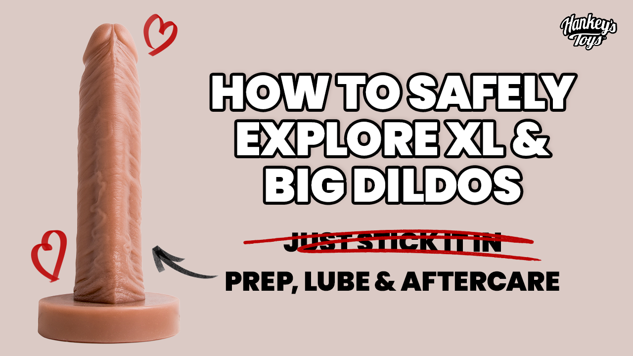 Tan silicone XL dildo from Hankey's Toys displayed on base with text overlay: 