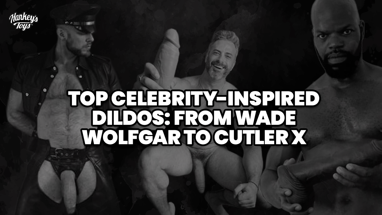 tylized black-and-white image of Wade Wolfgar, Cutler X, and Kae Ecstatic featured in the ‘Top Celebrity-Inspired Dildos’ guide, highlighting the performers behind popular lifecast toys.